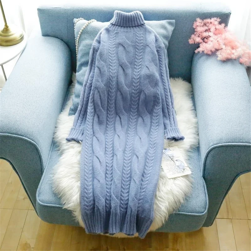 Damen Wollkleid Rollkragen Maxi Kleid Pulloverkleid Winterkleid Strickkleid