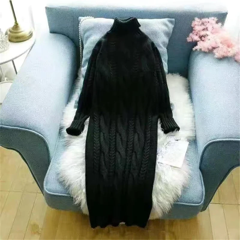 Damen Wollkleid Rollkragen Maxi Kleid Pulloverkleid Winterkleid Strickkleid