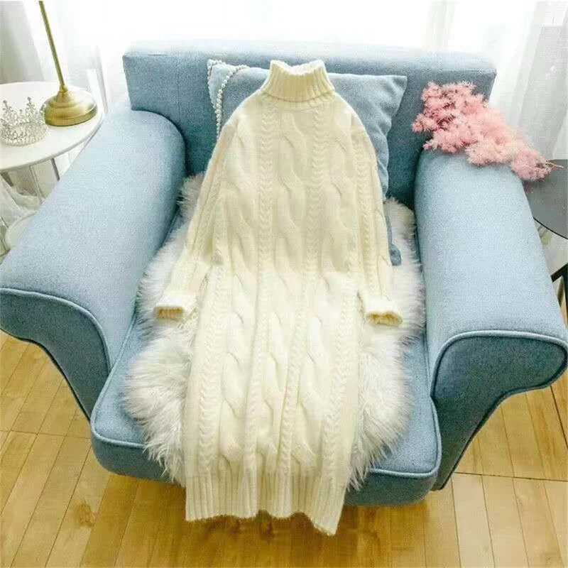 Damen Wollkleid Rollkragen Maxi Kleid Pulloverkleid Winterkleid Strickkleid