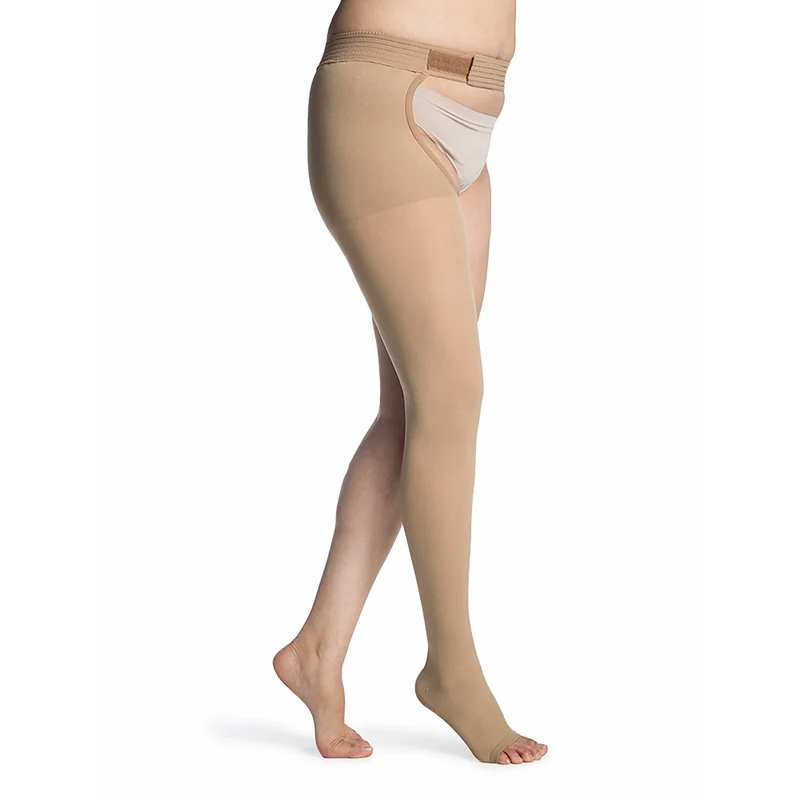 Sigvaris Opaque Thigh High 30-40 mmHg, Open Toe w/ Waist Attachment