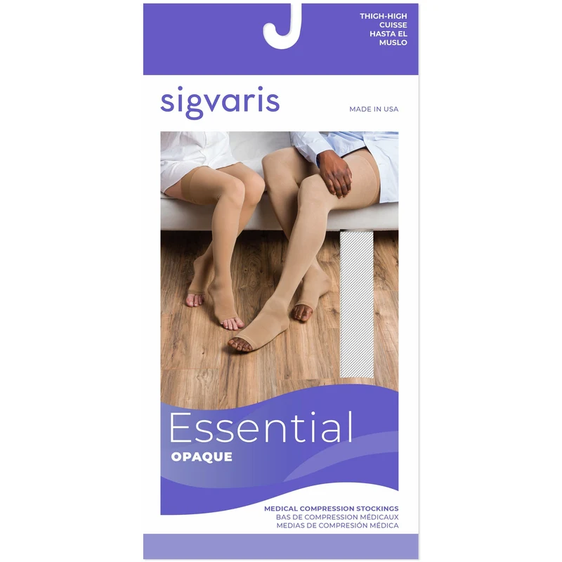 Sigvaris Opaque Thigh High 30-40 mmHg, Open Toe w/ Waist Attachment