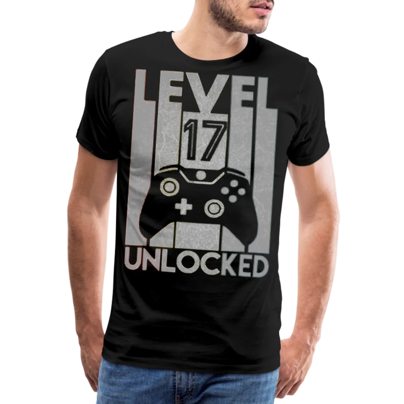 Gamer T-Shirt Top Level 17 Unlocked Fashion Herren Streetwear 100% Baumwolle