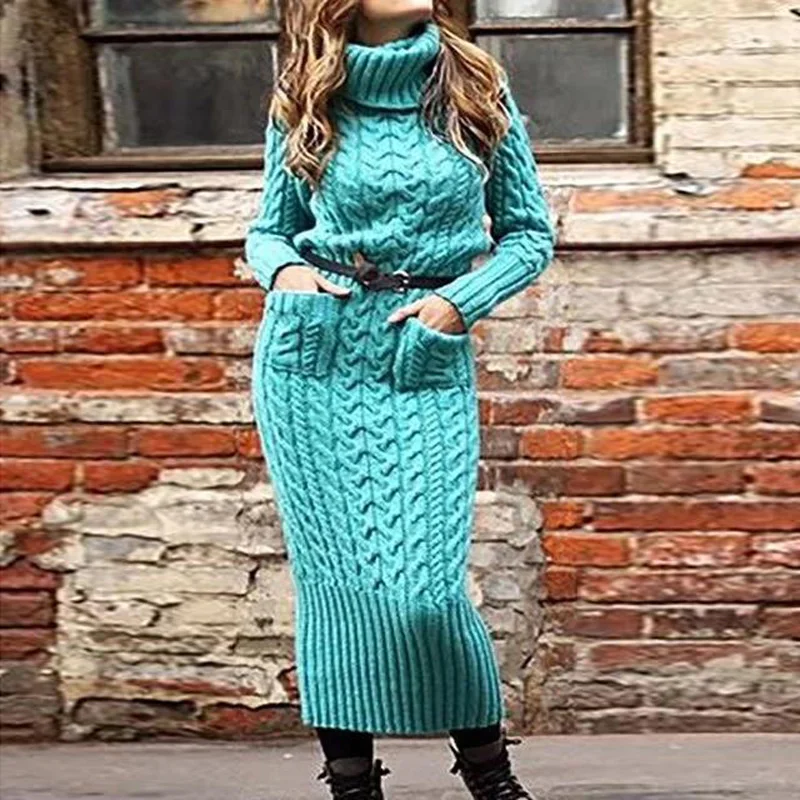Damen Wollkleid Rollkragen Maxi Kleid Pulloverkleid Winterkleid Strickkleid