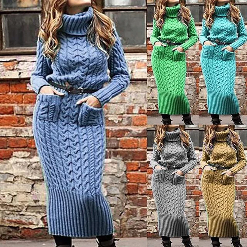 Damen Wollkleid Rollkragen Maxi Kleid Pulloverkleid Winterkleid Strickkleid