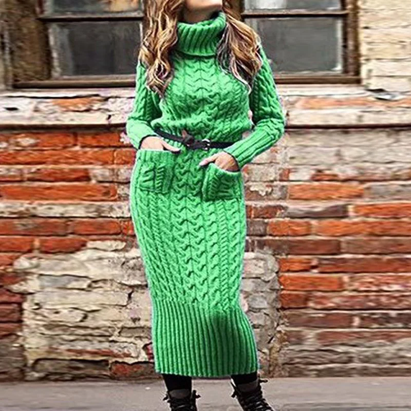 Damen Wollkleid Rollkragen Maxi Kleid Pulloverkleid Winterkleid Strickkleid