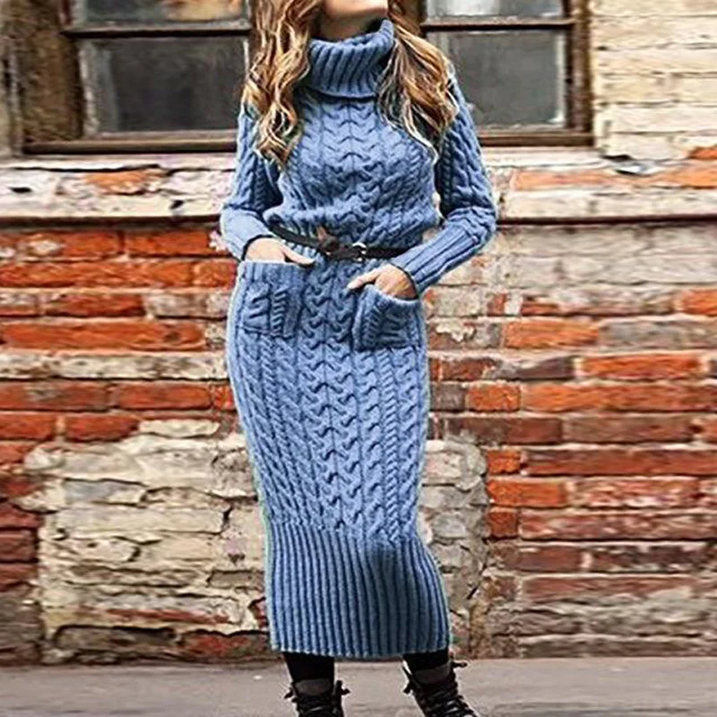Damen Wollkleid Rollkragen Maxi Kleid Pulloverkleid Winterkleid Strickkleid