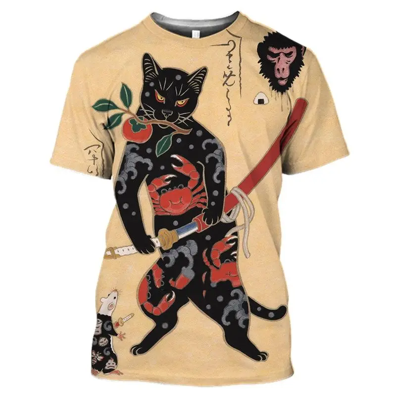 Fashion Herren Samurai Cat Vintage T-Shirt Unisex Sommer Streetwear Tank Top