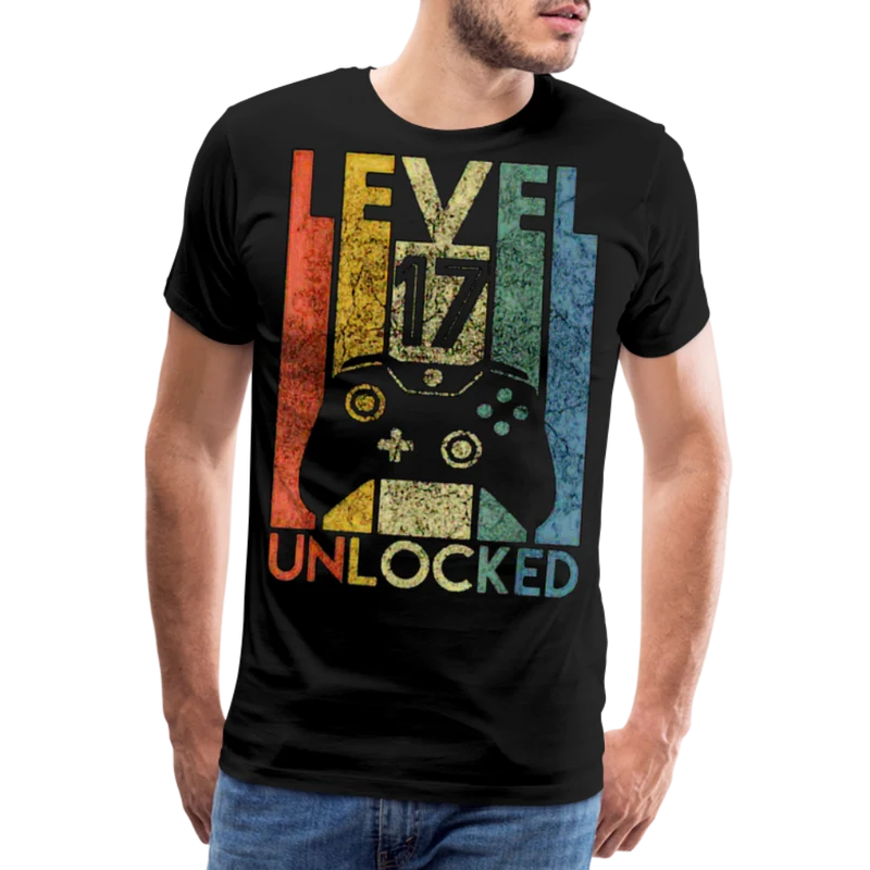 Gamer T-Shirt Top Level 17 Unlocked Fashion Herren Streetwear 100% Baumwolle