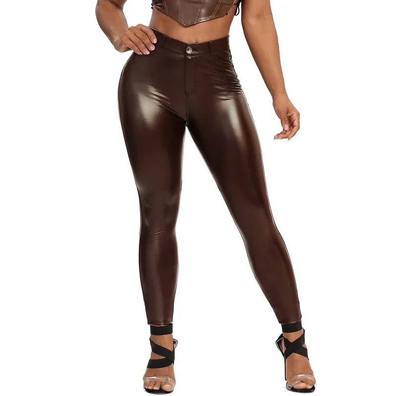 Sexy Damen Leggings Push Up Leggins Hose glänzendes PU Lederhose mit Taschen