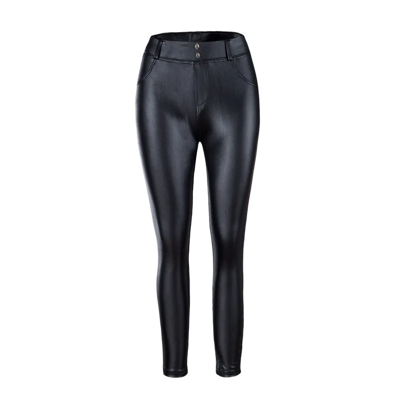 Sexy Damen Leggings Push Up Leggins Hose glänzendes PU Lederhose mit Taschen