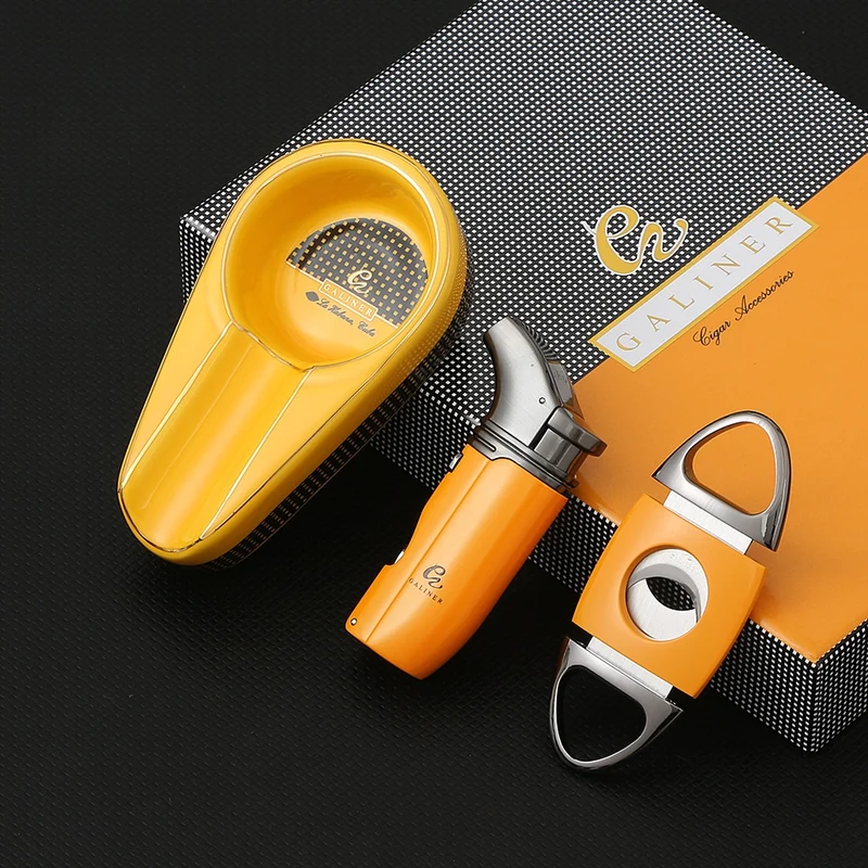 GALINER Reise Aschenbecher Zigarrenschneider Torch Jet Flame Feuerzeug Set Mit Box