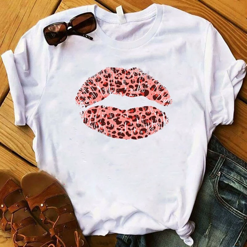 Damen Sommer Top 3D Leopard Kiss T-Shirt Rundhals Streetwear Damentop