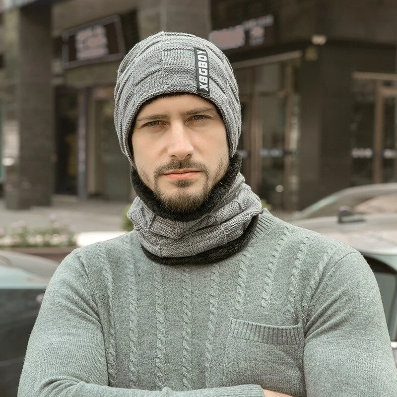 Warme Herren Wintermütze und Schal Fleece Mütze Strickmütze Kappe Hut Unisex