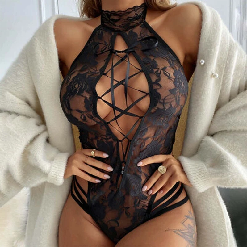 Damen Sexy Spitze Dessous Bodysuit Babydoll Reizwäsche Body Unterwäsche Schwarz Open Bra Lace Up