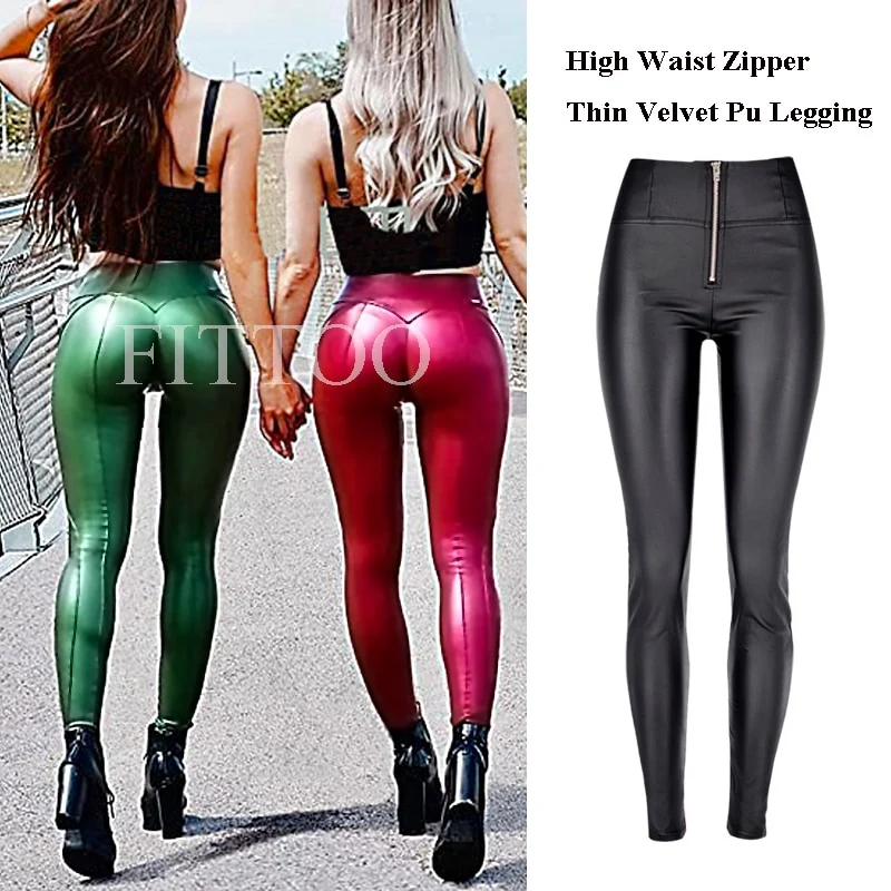 Damen Fashion Leggings Push Up Leggins Hose PU Lederhose mit Reißverschluss Sexy