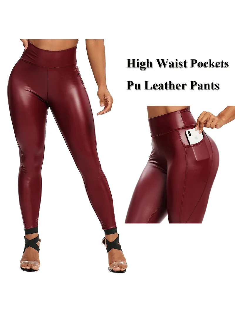 Damen Fashion Leggings Push Up Leggins Hose PU Lederhose mit Reißverschluss Sexy