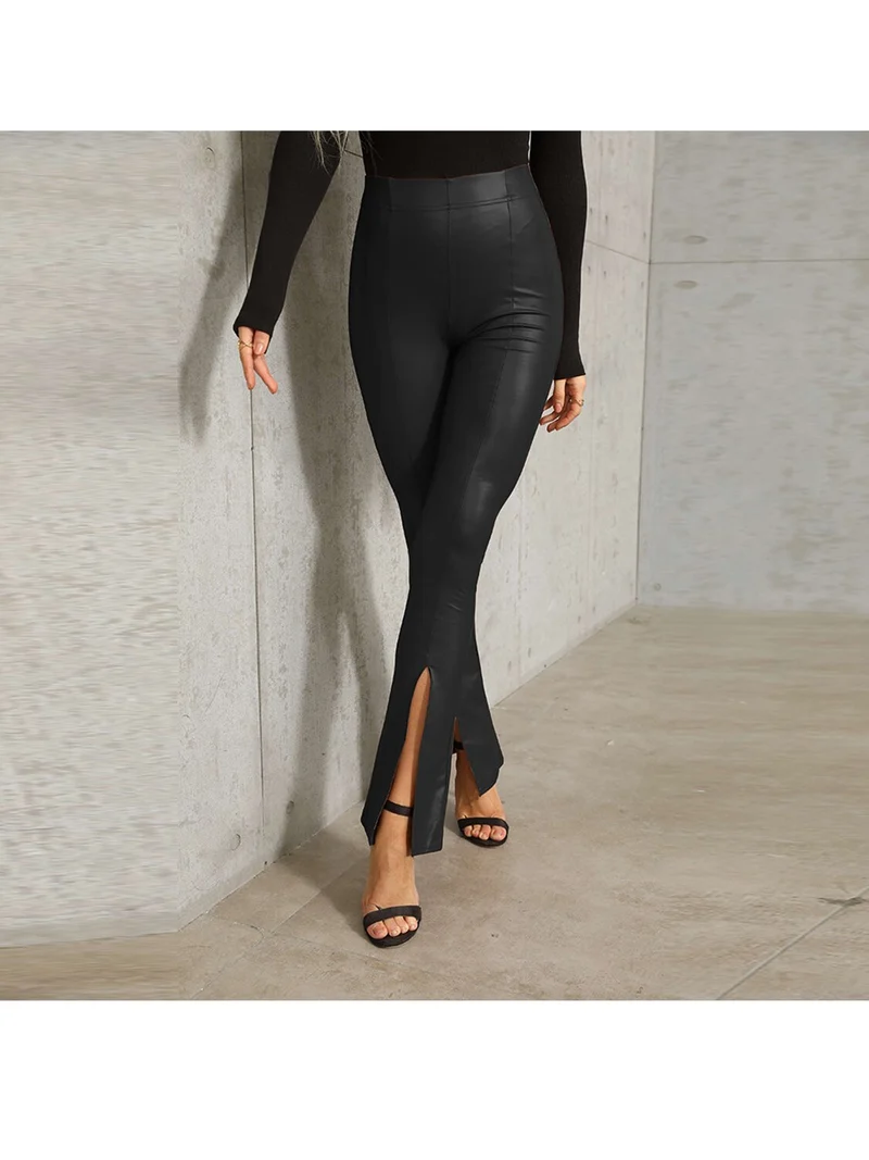 Damen Fashion Leggings Push Up Leggins Hose PU Lederhose mit Reißverschluss Sexy