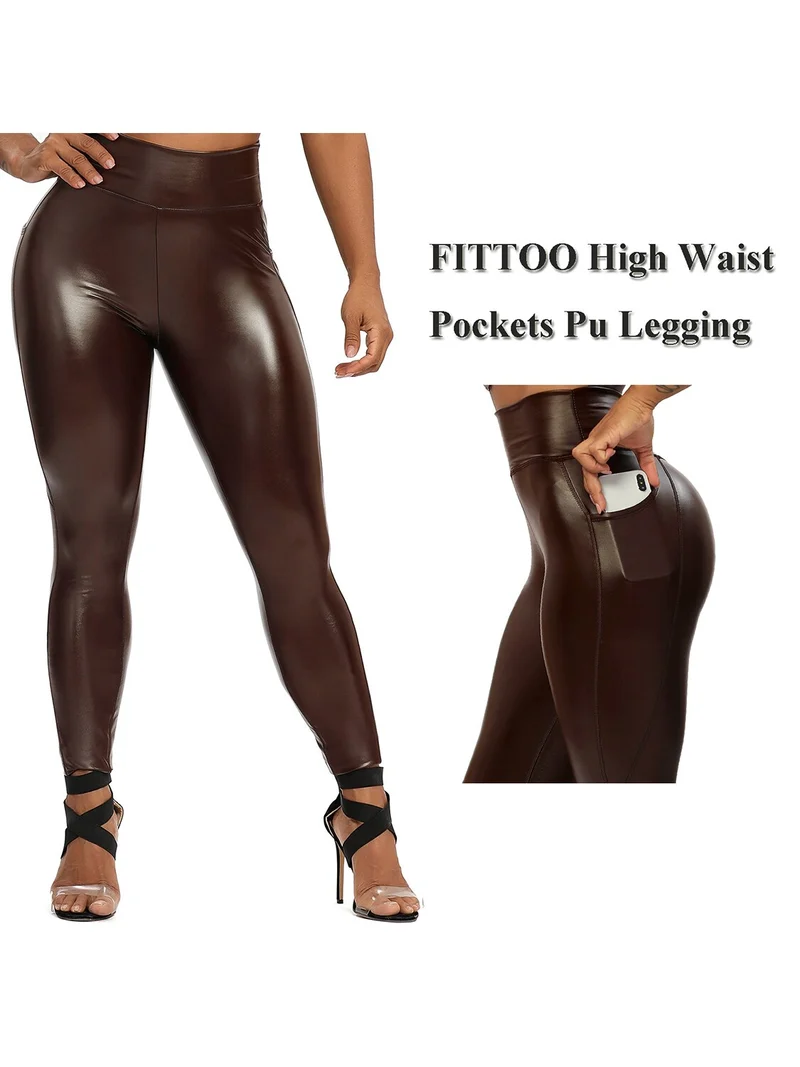 Damen Fashion Leggings Push Up Leggins Hose PU Lederhose mit Reißverschluss Sexy