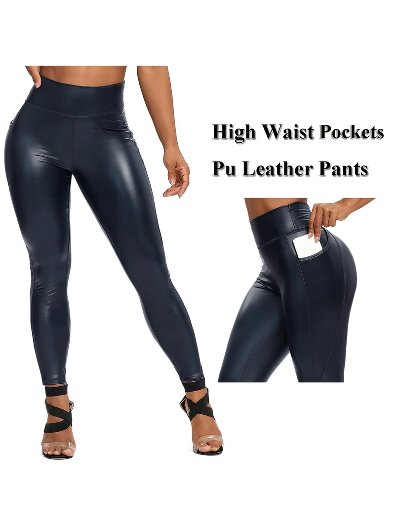 Damen Fashion Leggings Push Up Leggins Hose PU Lederhose mit Reißverschluss Sexy