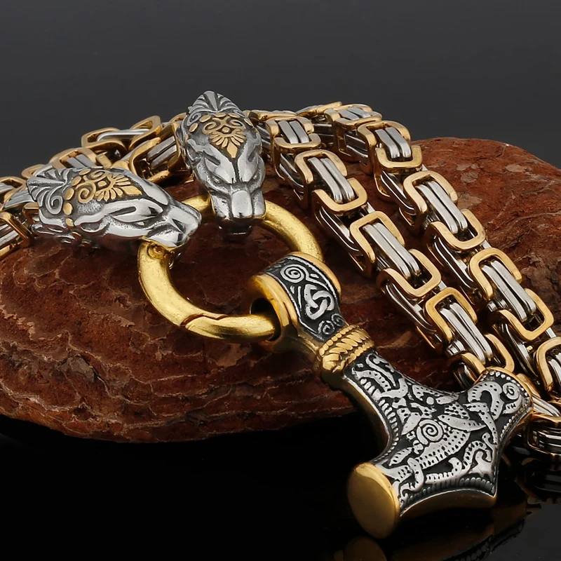 Thors Hammer Mjölnir Edelstahl Halskette Königskette silber gold Wikingerschmuck