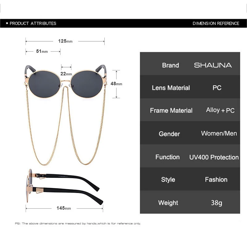 SHAUNA Runde Damen Luxus Sonnenbrille Fashion Metallkette Farbverlauf UV400