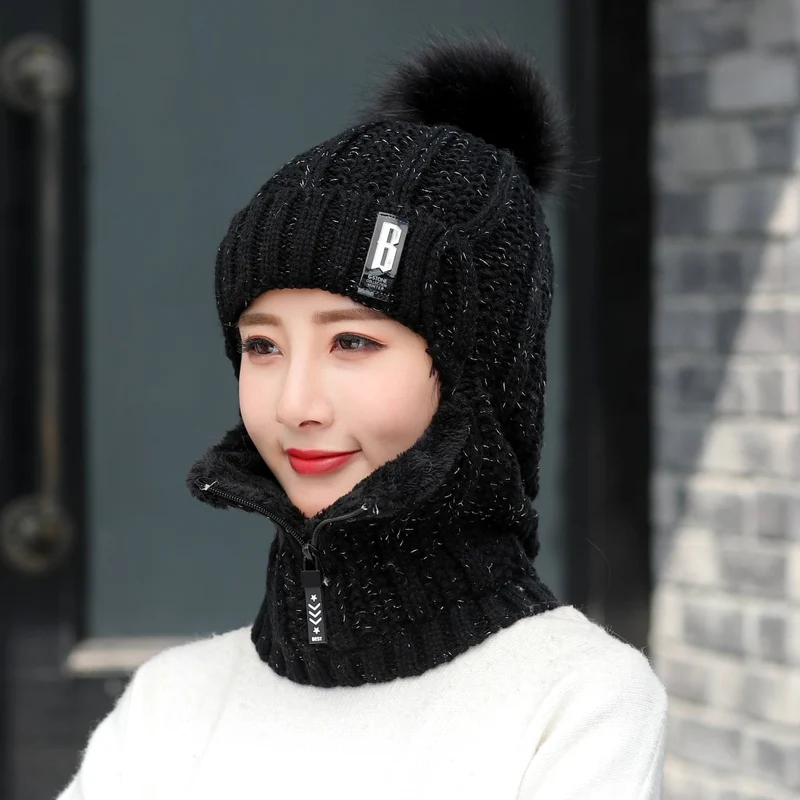 Damen Wolle Mütze Wintermütze Strickmütze Gefüttert Pudel Bommelmütze Skimütze