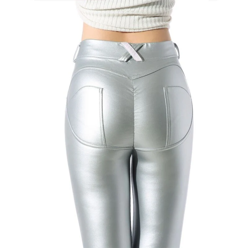 Damen Leggings Leggins Lang Hose PU Kunstlederhose mit Taschen Nachtclub Sexy