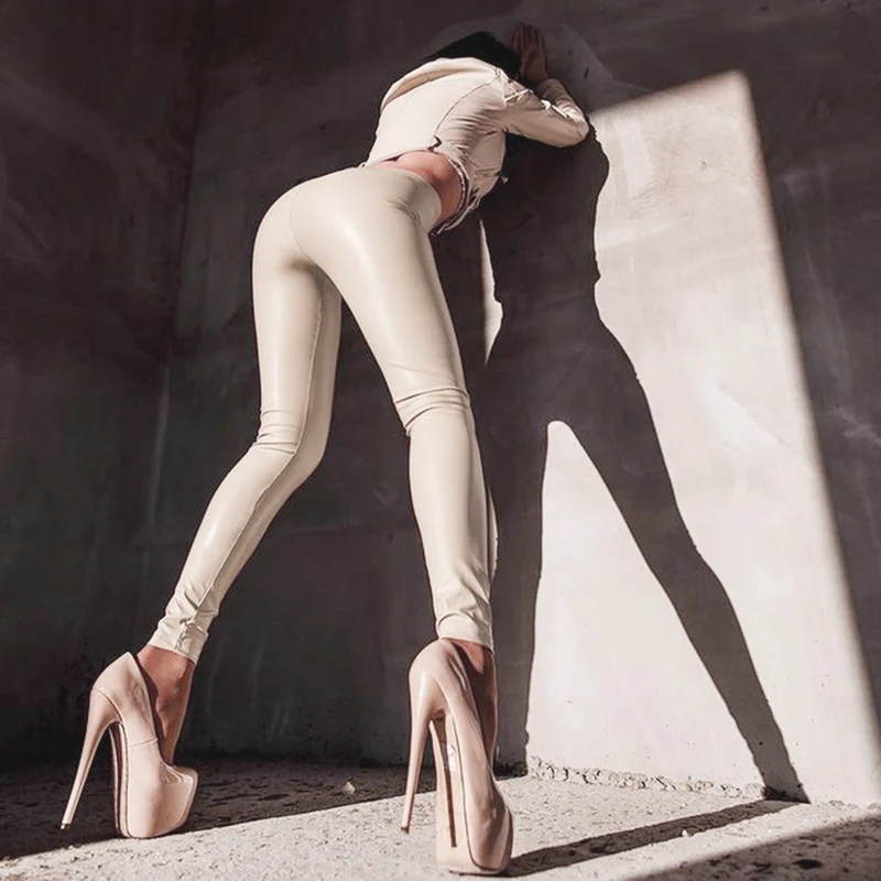 Damen Leggings Leggins Lang Hose Leder Optik Nachtclub Sexy PU Hohe Elastizität
