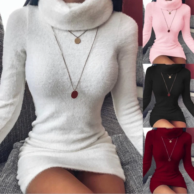 Damen Wollkleid Rollkragen Stiefelkleid Herbstkleid Winterkleid Strickkleid Longpullover