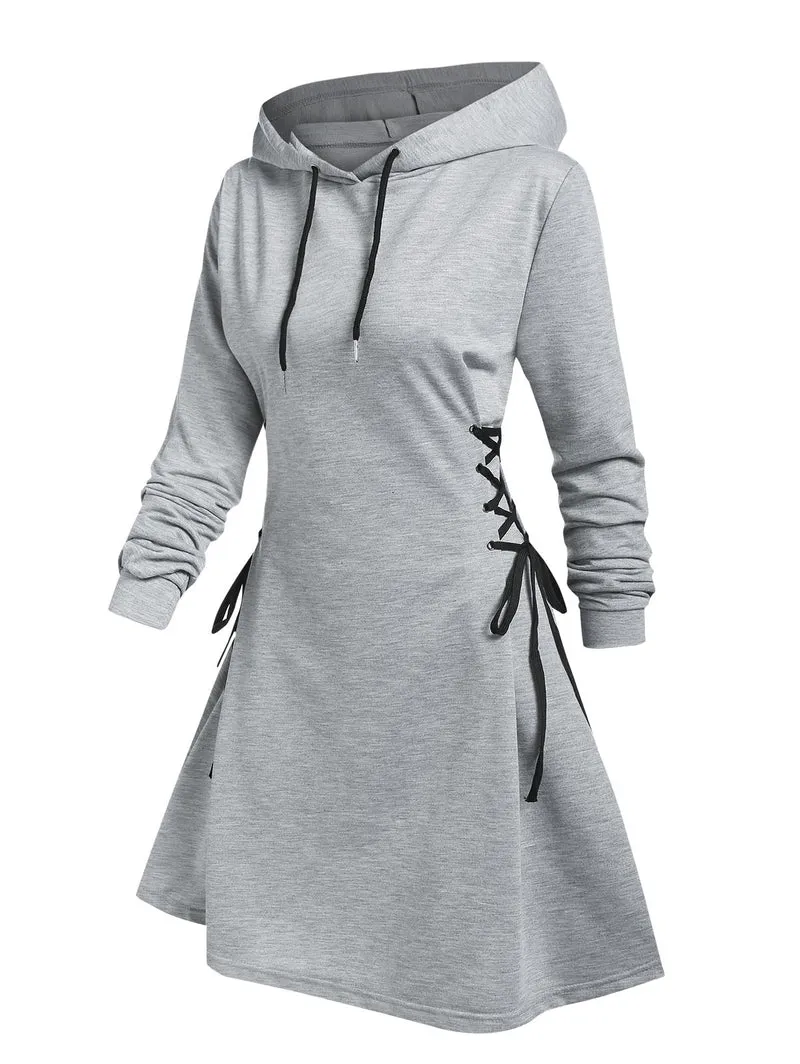 Frauen Langarm Minikleid Kapuzenpullover Kleid Hoodie Sweatshirt Sweatkleid