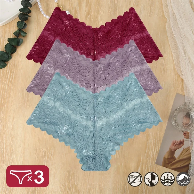 Damen 3-er Pack Hipster Spitze Unterwäsche Tanga Höschen Sexy Schlüpfer Slip Panties