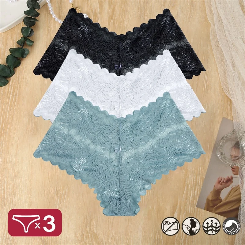 Damen 3-er Pack Hipster Spitze Unterwäsche Tanga Höschen Sexy Schlüpfer Slip Panties