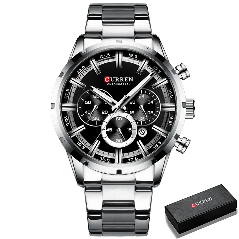 Herren Armbanduhr Silber Schwarz Edelstahl Fashion Luxus Chronograph Business