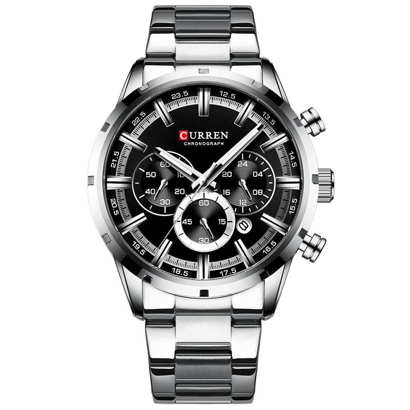 Herren Armbanduhr Silber Schwarz Edelstahl Fashion Luxus Chronograph Business