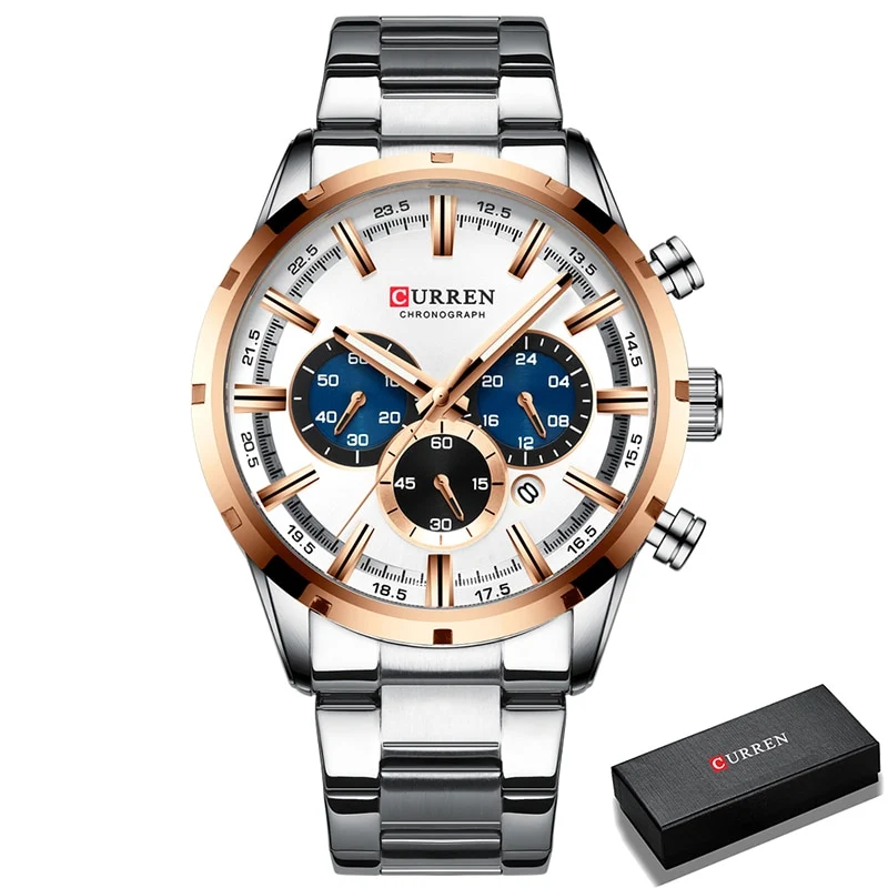 Herren Armbanduhr Silber Schwarz Edelstahl Fashion Luxus Chronograph Business