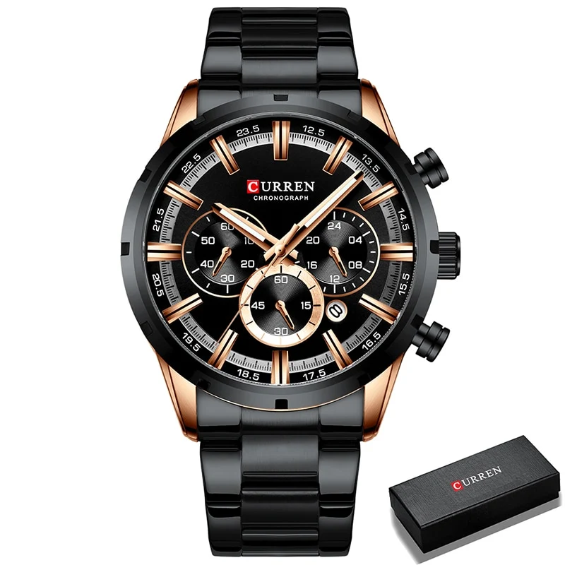 Herren Armbanduhr Silber Schwarz Edelstahl Fashion Luxus Chronograph Business