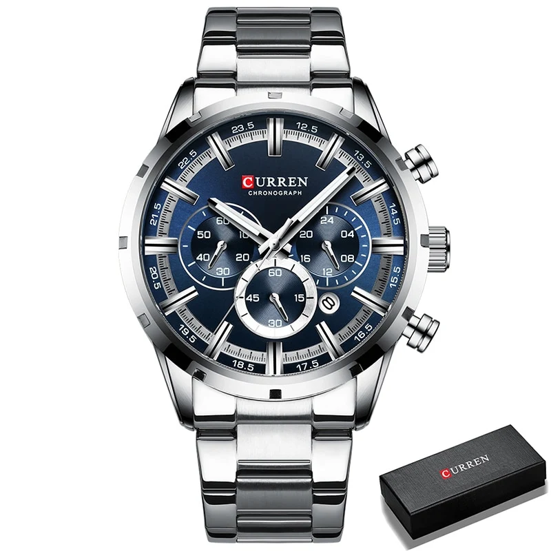 Herren Armbanduhr Silber Schwarz Edelstahl Fashion Luxus Chronograph Business