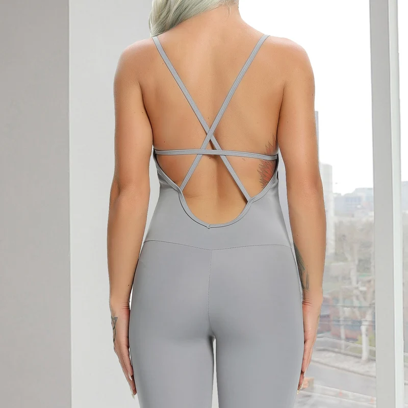 Damen Overall Jumpsuit Sport Yoga Hose Sexy Rückenfrei Fitness Anzug Einteiler