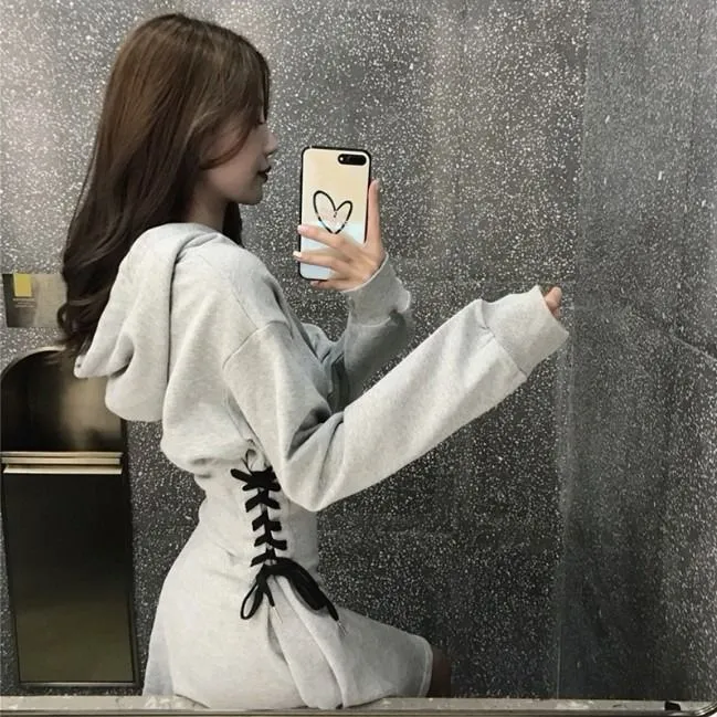 Frauen Langarm Minikleid Kapuzenpullover Kleid Hoodie Sweatshirt Sweatkleid