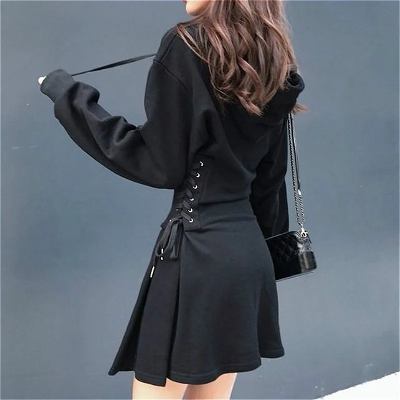 Frauen Langarm Minikleid Kapuzenpullover Kleid Hoodie Sweatshirt Sweatkleid