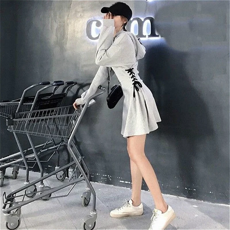 Frauen Langarm Minikleid Kapuzenpullover Kleid Hoodie Sweatshirt Sweatkleid