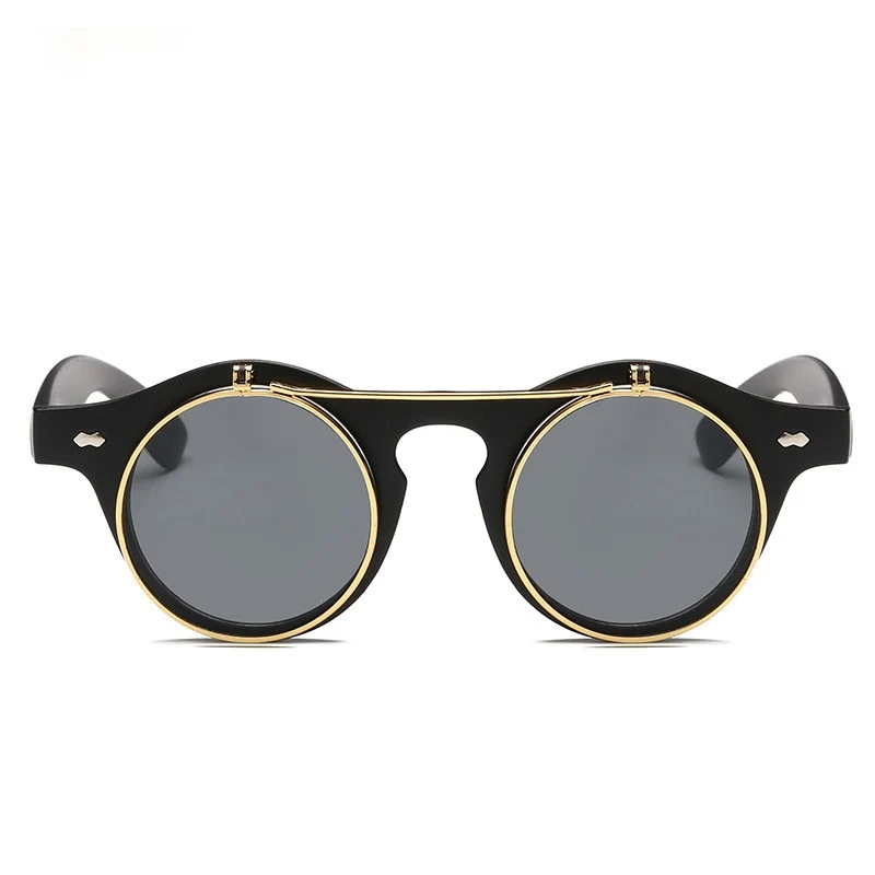 Designer Flip Up Sonnenbrille Damen Herren Rund Holz Black Steampunk Retro UV400