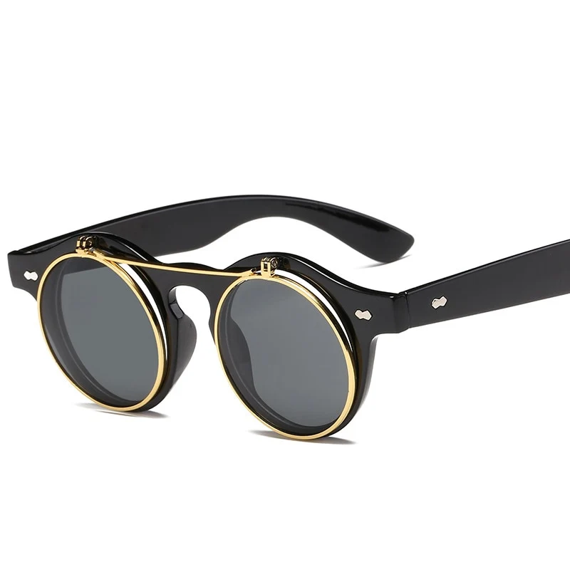 Designer Flip Up Sonnenbrille Damen Herren Rund Holz Black Steampunk Retro UV400