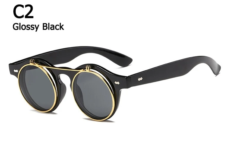 Designer Flip Up Sonnenbrille Damen Herren Rund Holz Black Steampunk Retro UV400