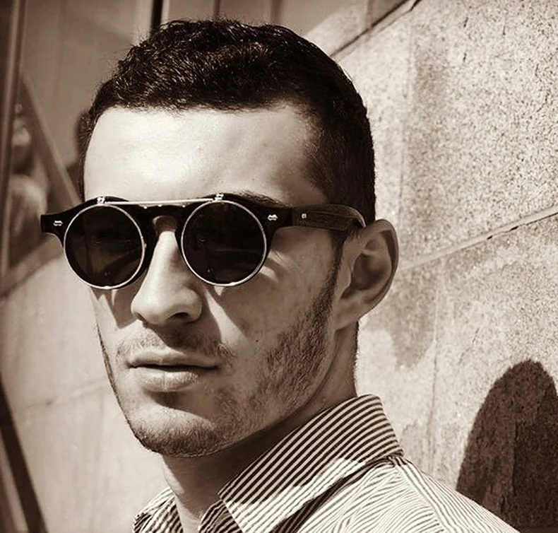 Designer Flip Up Sonnenbrille Damen Herren Rund Holz Black Steampunk Retro UV400