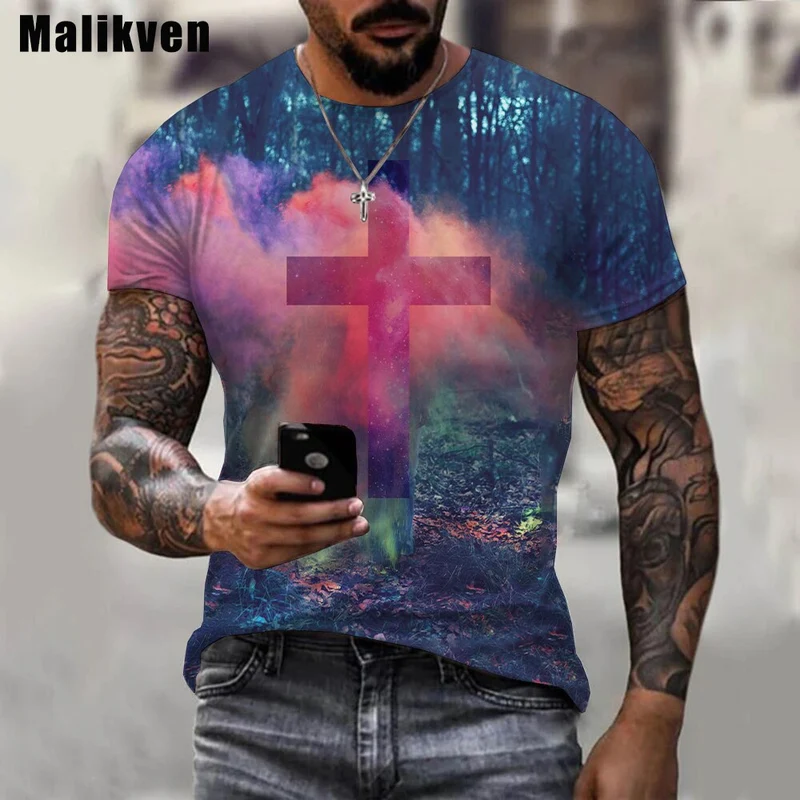 Herren Jesus Christus Kreuz 3D T-Shirt Rundhals Unisex Sommer Streetwear