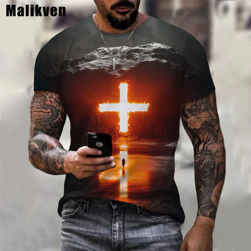 Herren Jesus Christus Kreuz 3D T-Shirt Rundhals Unisex Sommer Streetwear