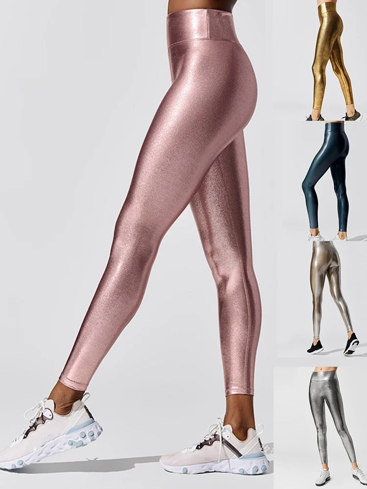 Fitness Leggings Hohe Taille Push-Up Damen Glänzende Nahtlose Hose