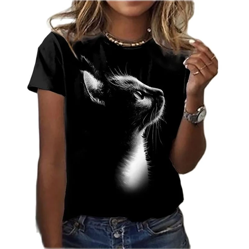 Damen Sommer Top 3D Katzen T-Shirt Rundhals Streetwear lockeres Damentop