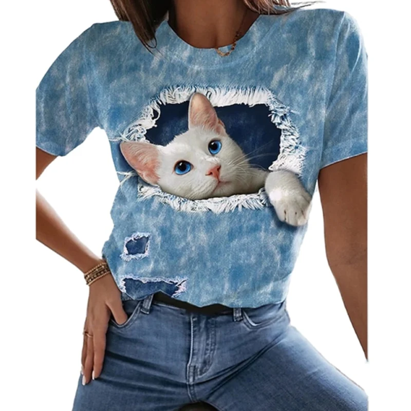Damen Sommer Top 3D Katzen T-Shirt Rundhals Streetwear lockeres Damentop